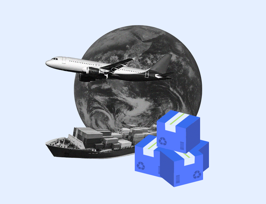 Icon of a plane and ship by a globe with boxes, symbolizing smooth supply chain finance solutions.
