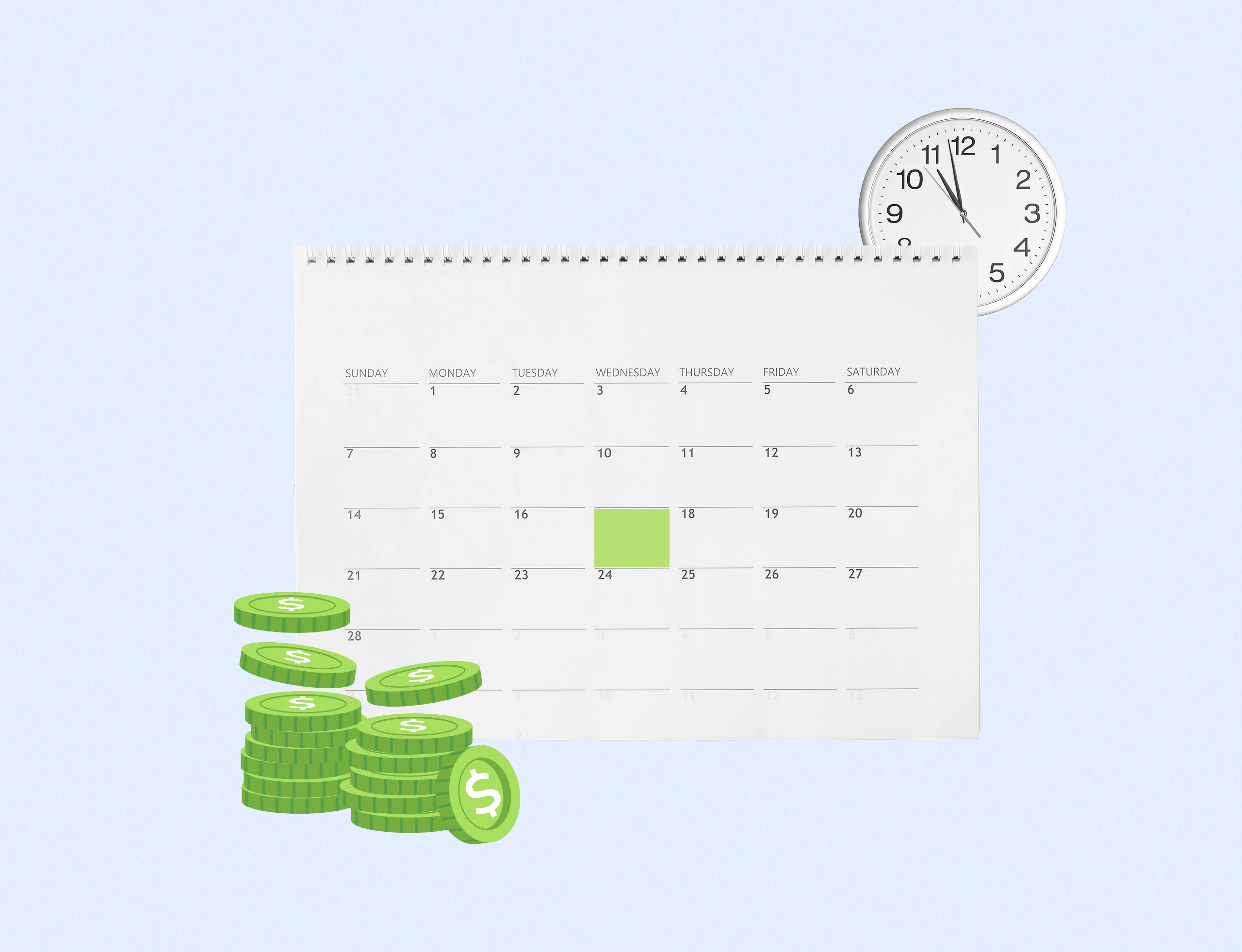 Calendario con fecha marcada en verde con reloj atrás y monedas verdes enfrente.
