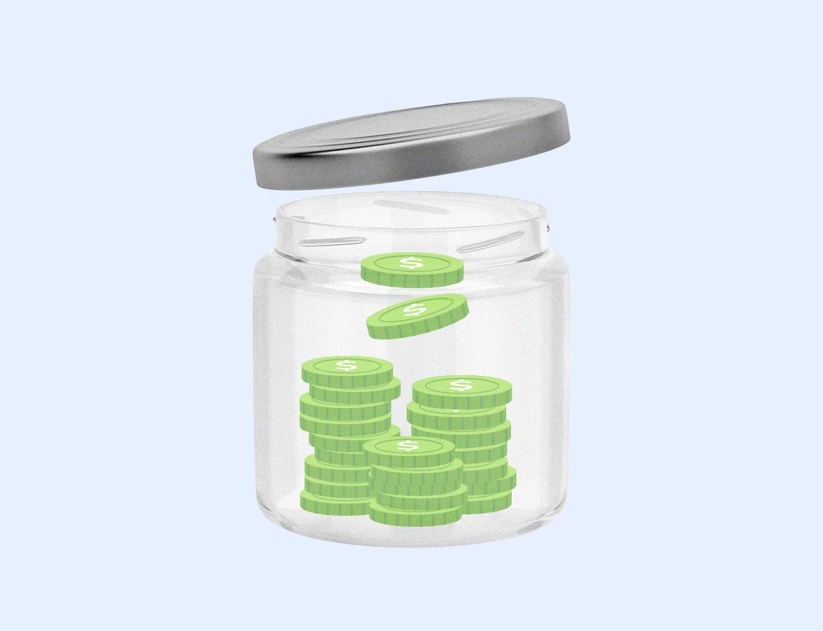 A transparent jar with a floating lid filled with stacked green dollar coins.