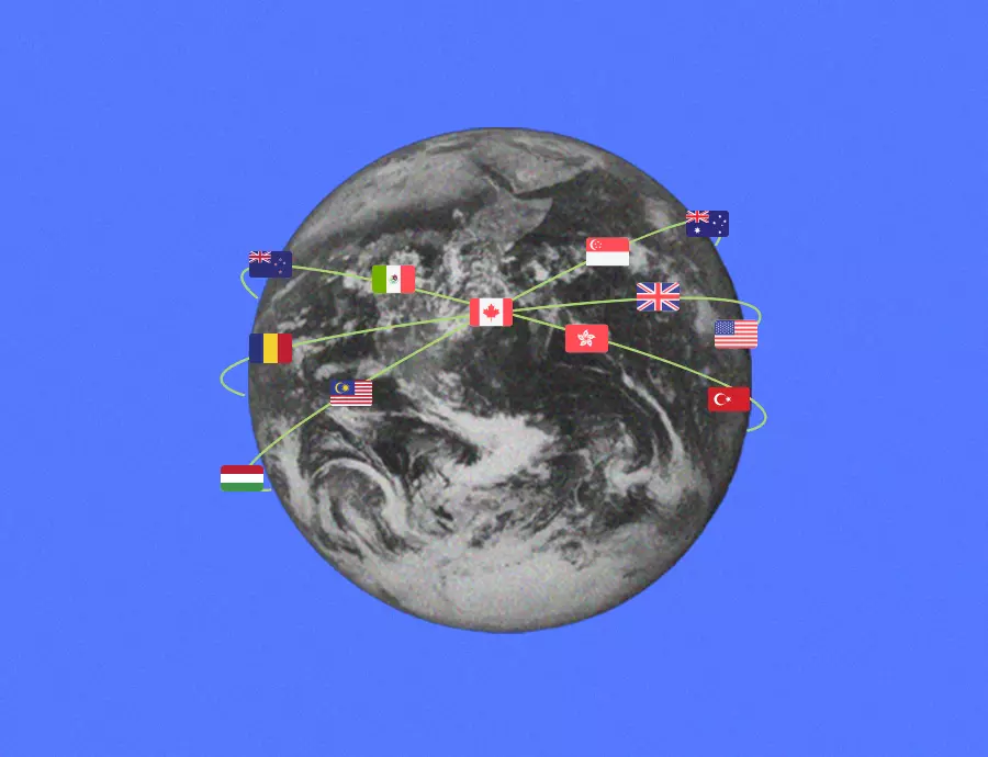 Flag icons around the world symbolizing various currencies for international B2B payments through a Bancoli Global Business Account, the comprehensive banking solution for businesses