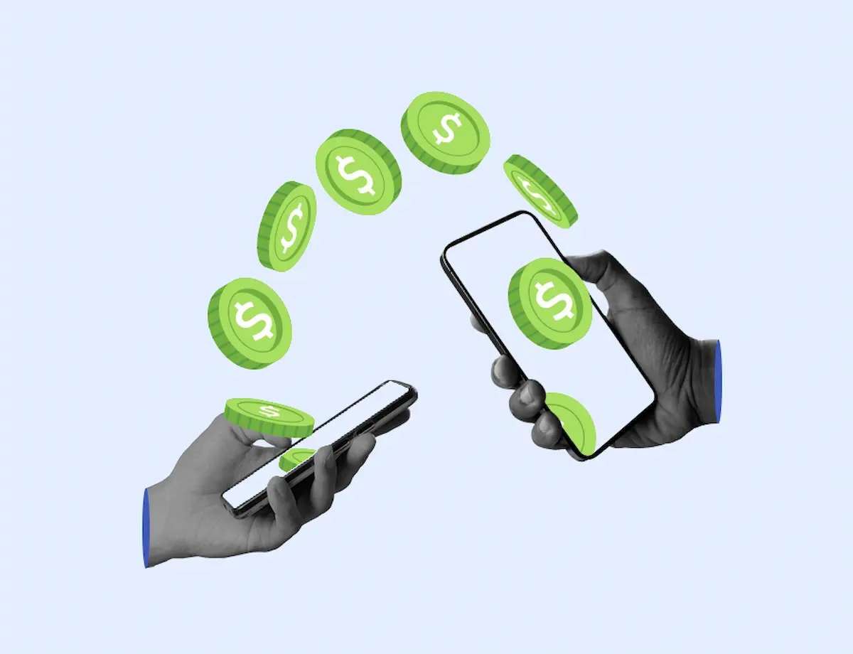 People using a mobile device to send and receive funds digitally via the SWIFT code.
