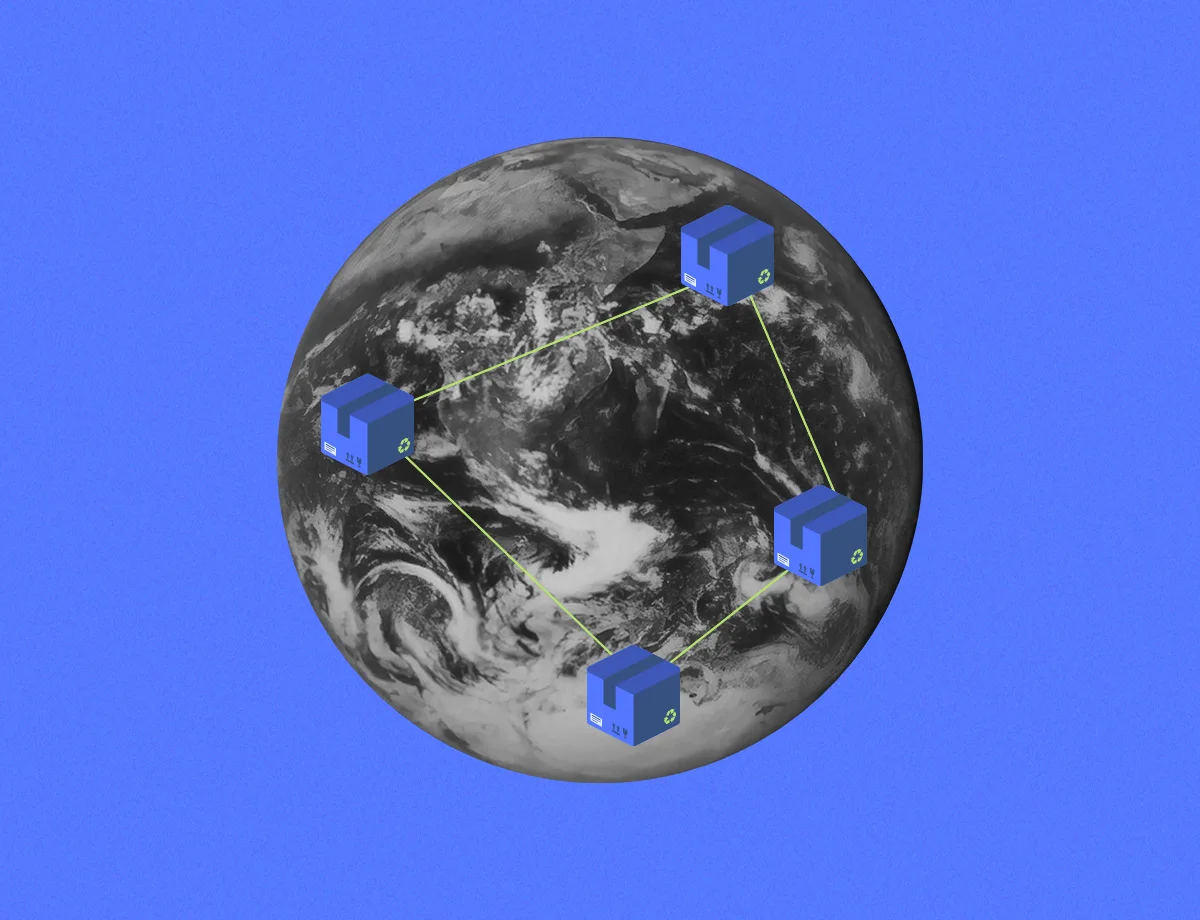 An illustrative graphic highlighting strategies to prevent disruptions in global supply chains, featuring a stylized Earth with connected boxes against a blue background.