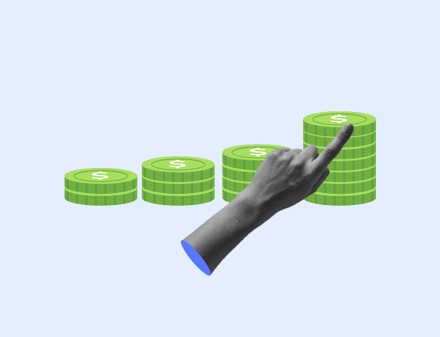 A stack of green coins being pointed by a finger.