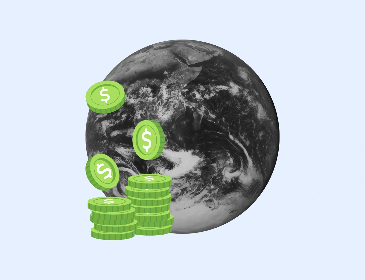 The image features a grayscale globe alongside stacks of green coins with dollar symbols.
