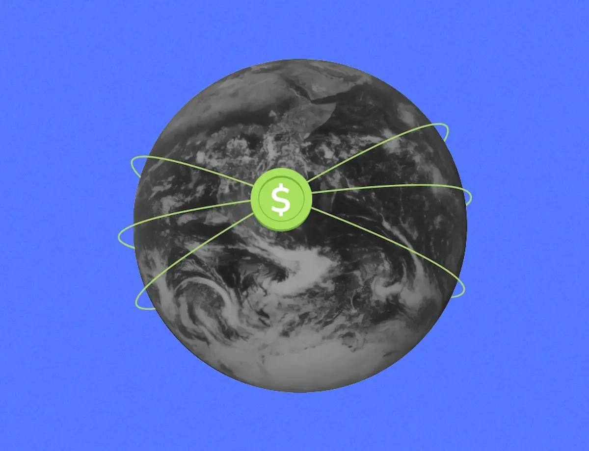 Coins circling a digital globe, symbolizing digital media's global payments reach.