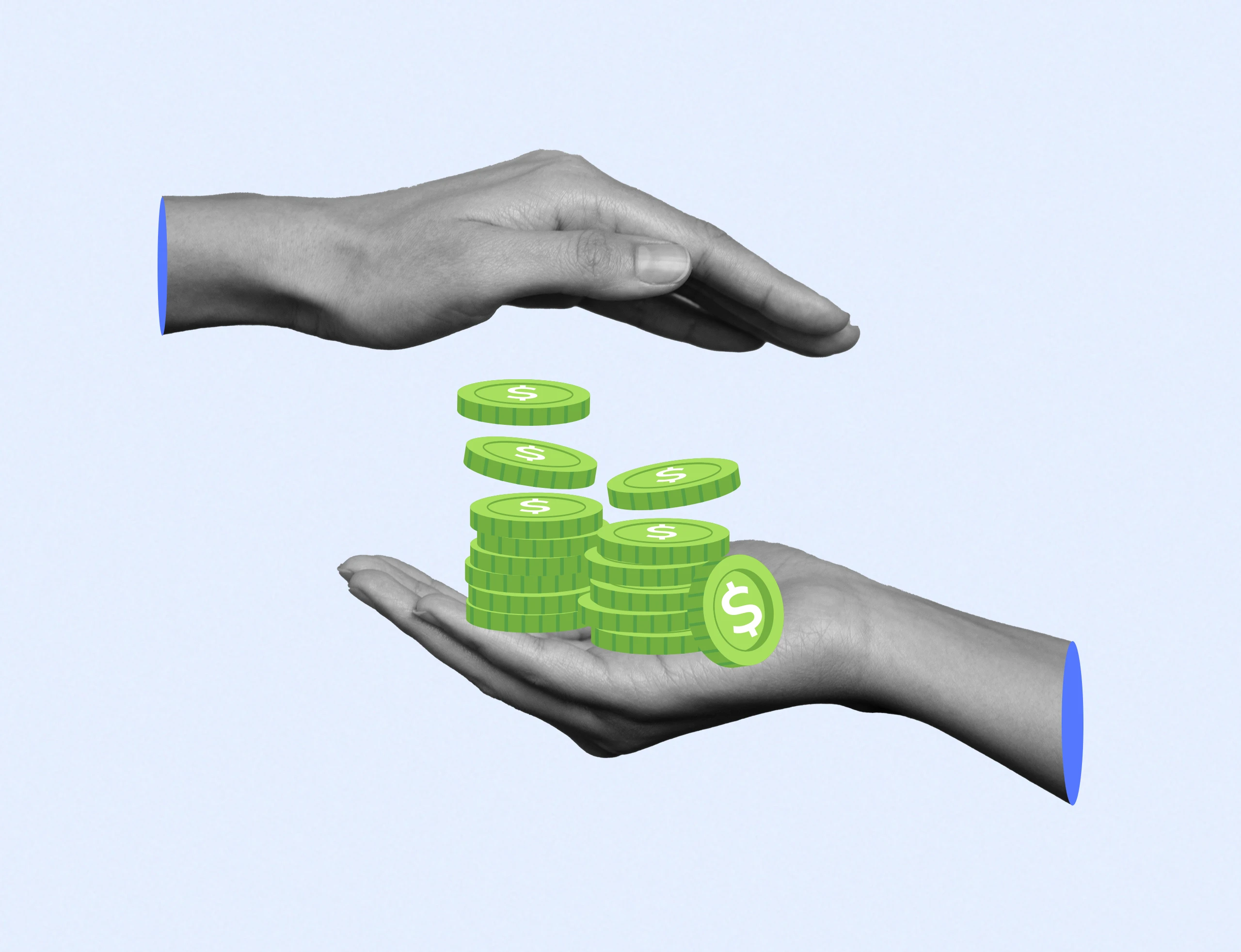 una mano con monedas verdes recibiendo dinero de otra mano