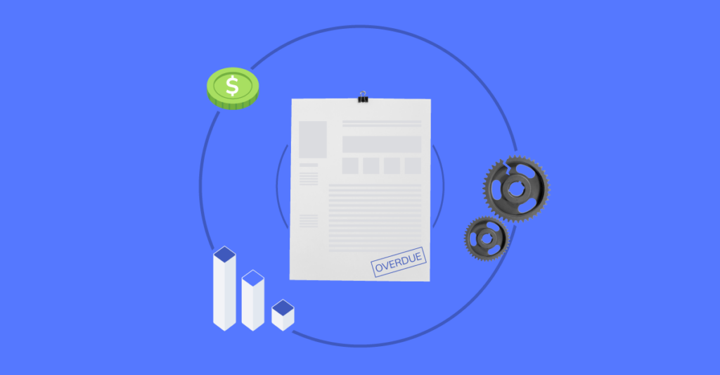 Graphic showing a circular process with financial icons including a coin stack, bar graphs, an overdue invoice, and gears representing the ongoing cycle of the ripple effect of a b2b payment,