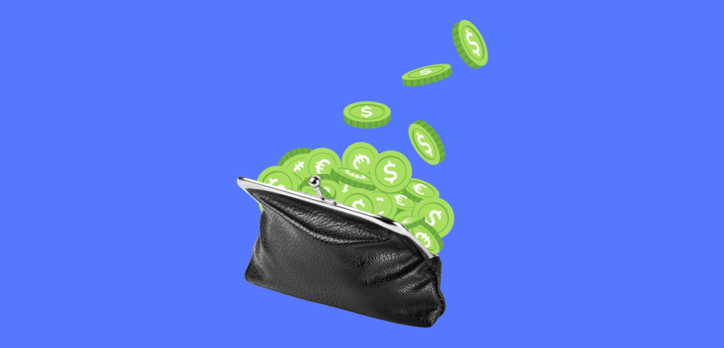 A black coin purse overflowing with green coins embossed with various currency symbols, suggesting diverse international currency.