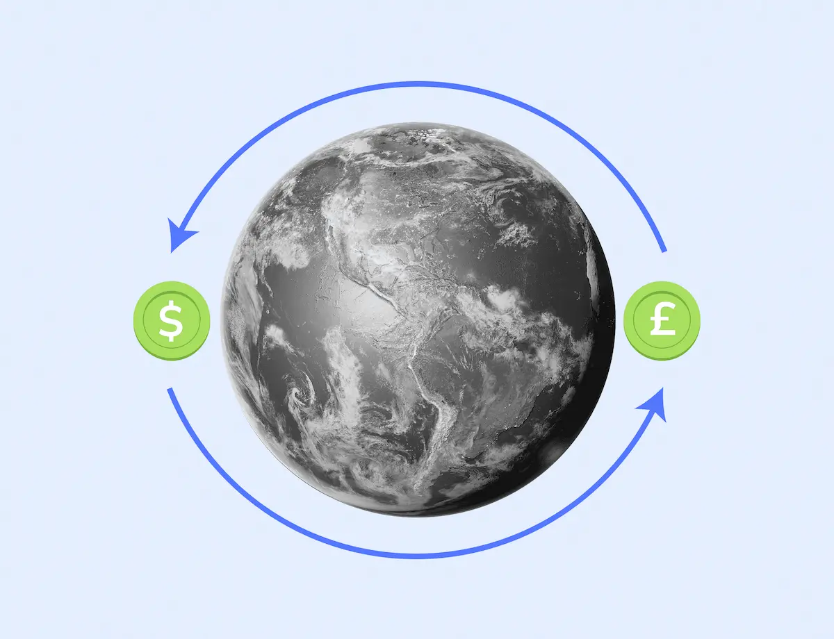 A world with two blue arrows and two green coins representing different currencies.
