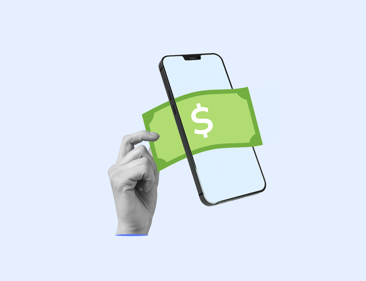 A hand pulling a green dollar sign from a smartphone screen, representing a bank account transfer.