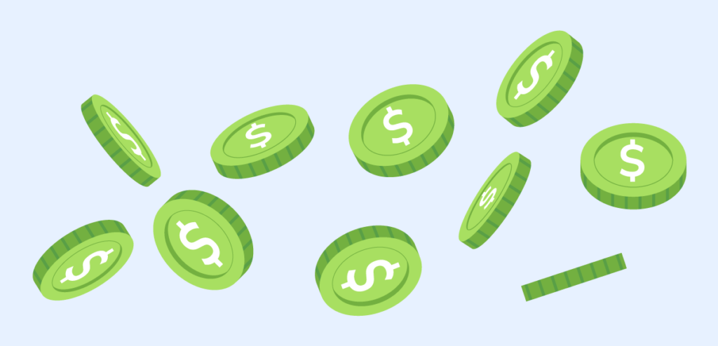 Flying green coins set on a light blue background. 