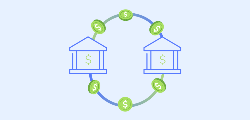 A graphic representation of a bank account transfer, depicted by dollar signs moving in a circular flow between two bank building icons, illustrating the concept of money being transferred from one account to another.