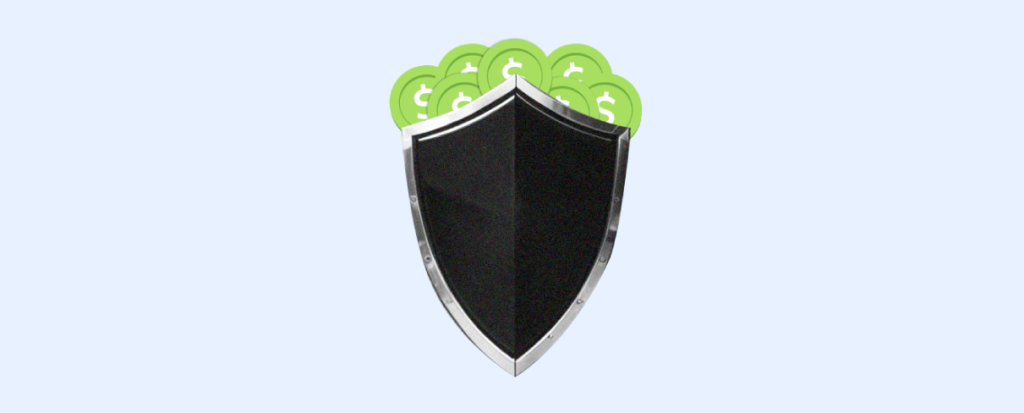 A black metallic shield protecting green coins representing the security benefits of a bank account transfer.