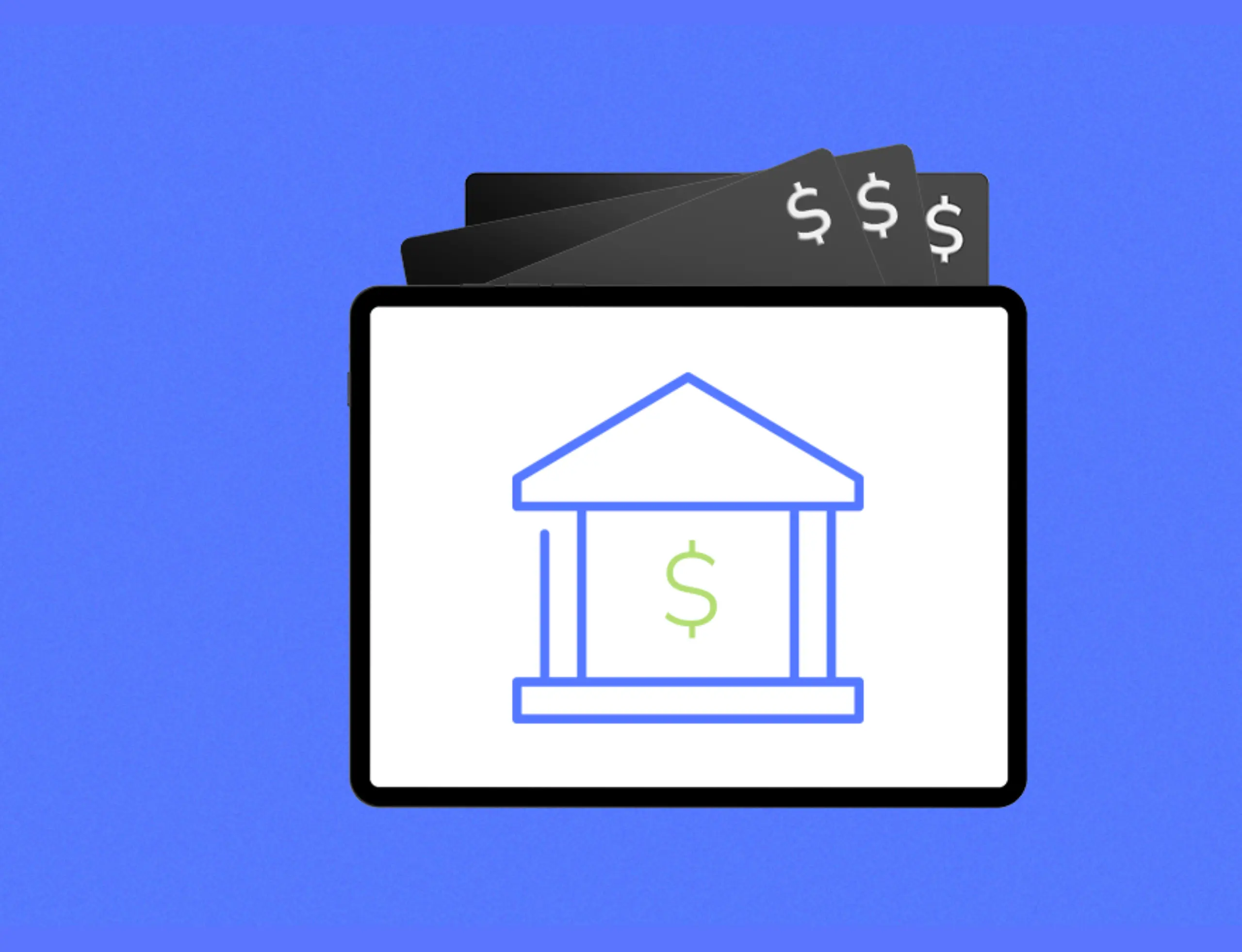 Graphic of a black wallet with protruding dollar bills against a blue background, overlaying an icon of a bank with a dollar sign on it, symbolizing a business bank account.