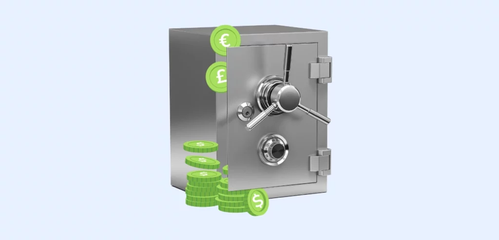 A graphic of a metallic safe with a turning dial, secured with a handle and bolts, surrounded by stacks of green coins bearing Euro and Dollar currency symbols, representing secure financial storage or savings