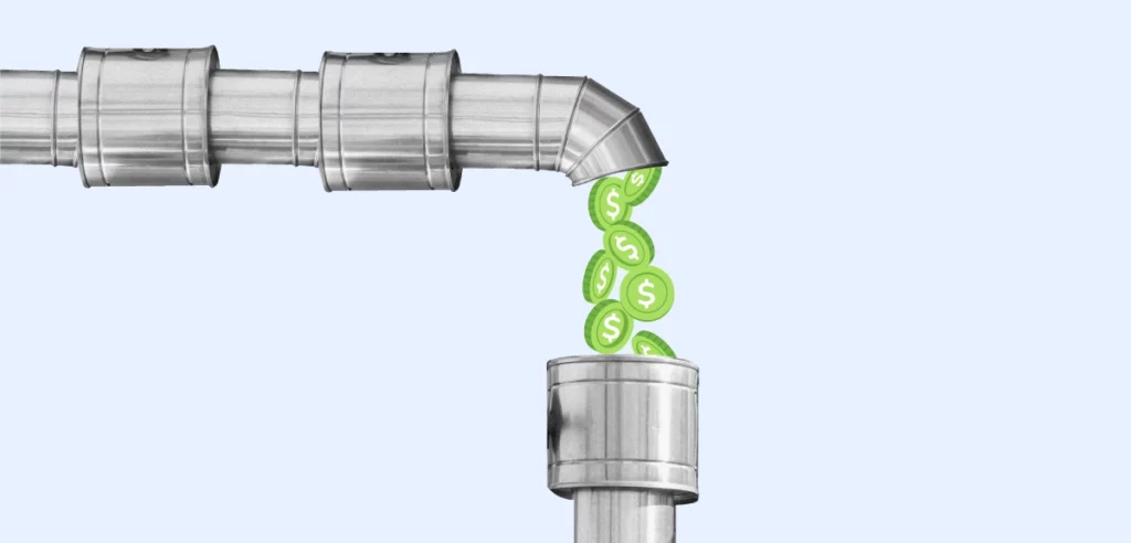 The image depicts a metal pipeline with a section turning downward. From the end of the pipeline, symbols of dollar coins are illustrated as flowing out, suggesting a concept of continuous financial income or revenue stream.



