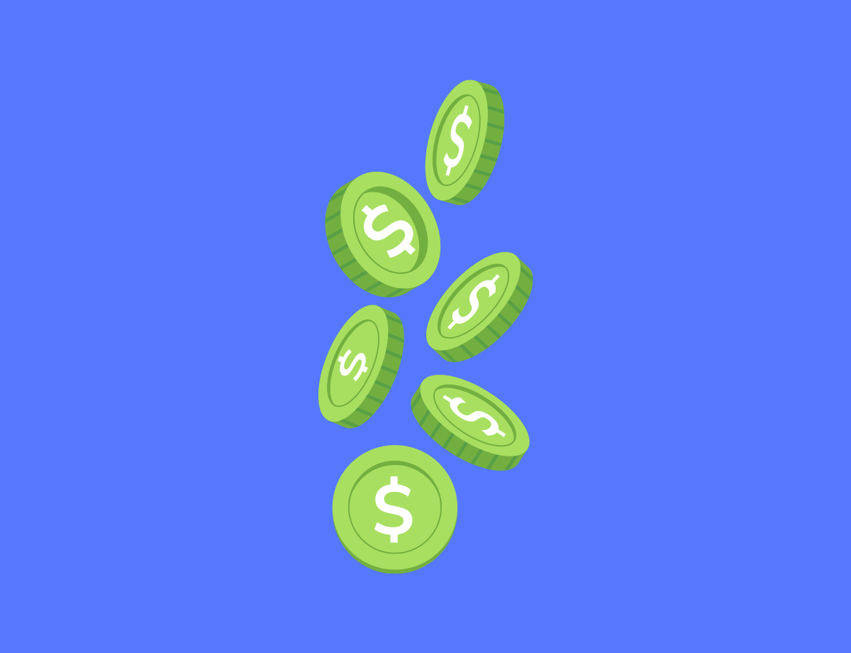 Green dollar coins in motion against a vibrant blue background, symbolizing the dynamic activity of managing a checking business account.