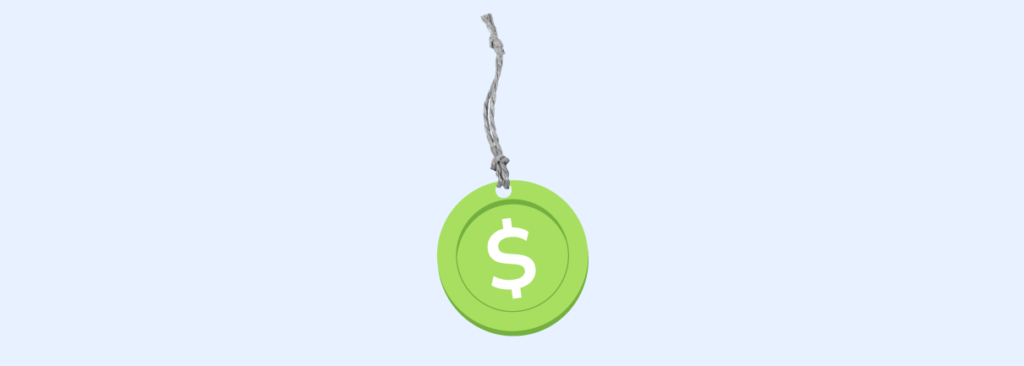 A light blue background with a centrally placed green tag hanging from a twisted grey string. The tag is circular with a prominent white dollar sign in the center, suggesting themes of pricing, cost, financial labeling, or budgeting.