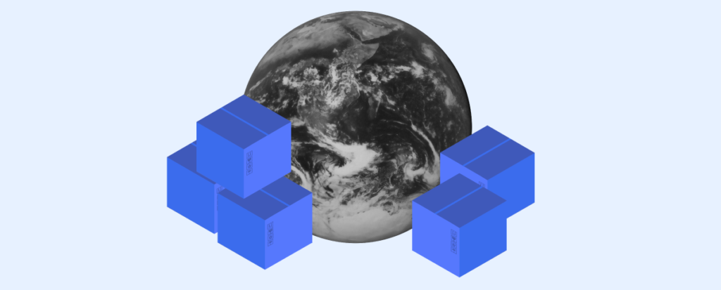 An earth globe centered between stacks of blue cubes, symbolizing a structured and interconnected global network, relevant to checking business accounts and international commerce.