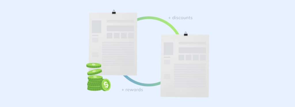 Illustration of two documents connected by a green curved arrow, with stacks of green coins labeled '+rewards' leading to one document and '+discounts' leading to the other, symbolizing the benefits of managing finances and accounts efficiently.