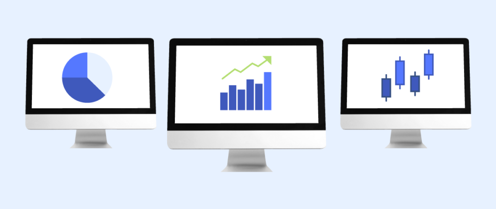 Three desktop monitors displaying different financial graphs: a pie chart, a bar graph with an upward trend, and a candlestick chart, representing diverse analytical tools for checking business account performance.