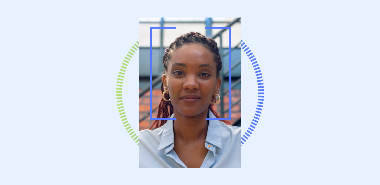 Portrait of a confident businesswoman with braided hair, wearing a light blue shirt, framed by abstract circular design elements on a neutral background, symbolizing the professional management of business accounts.