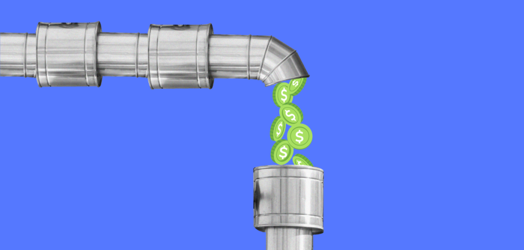 An illustration showing a flow of green dollar sign coins through a metallic pipeline against a blue background, representing the steady and secure movement of funds in a checking business account.
