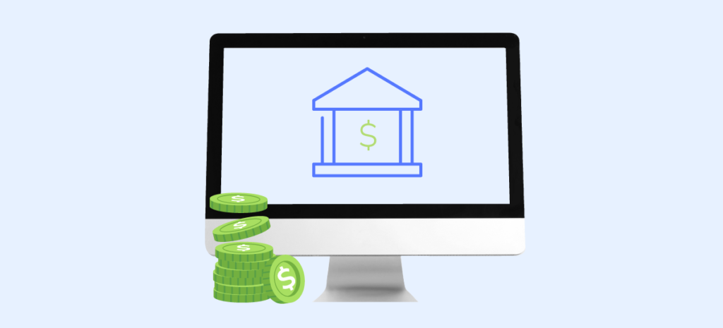 A computer monitor displaying a graphic of a bank icon with a dollar sign, accompanied by stacks of green coins with dollar signs, symbolizing online banking and financial growth.