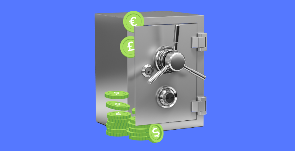 A secure steel safe with a closed door and a spinning combination lock, beside stacks of green dollar and euro coins, symbolizing financial security and the safeguarding of funds.