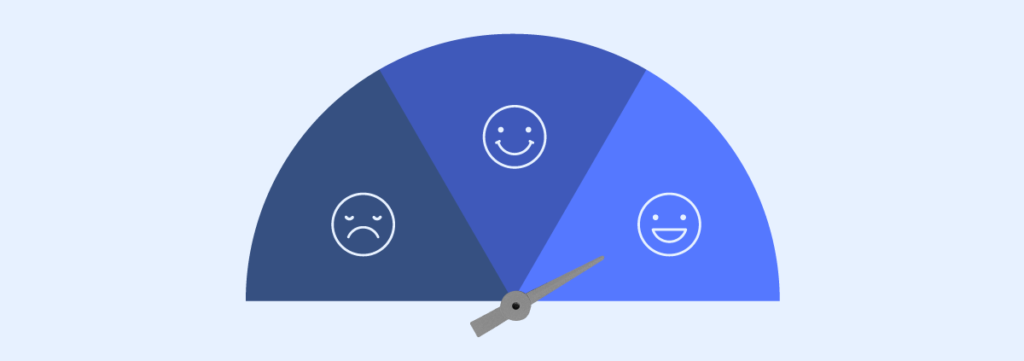 A customer satisfaction meter with a needle pointing towards a happy face, indicating a positive customer experience and high satisfaction levels.