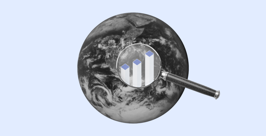 A monochromatic representation of the Earth being examined through a magnifying glass, which focuses on three vertical bar graphs.