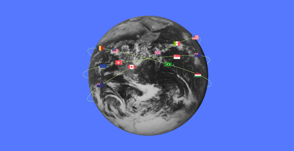 A monochromatic world with flag icons revolving around it while being connected, communicating the ease of global transactions for SMBs. 