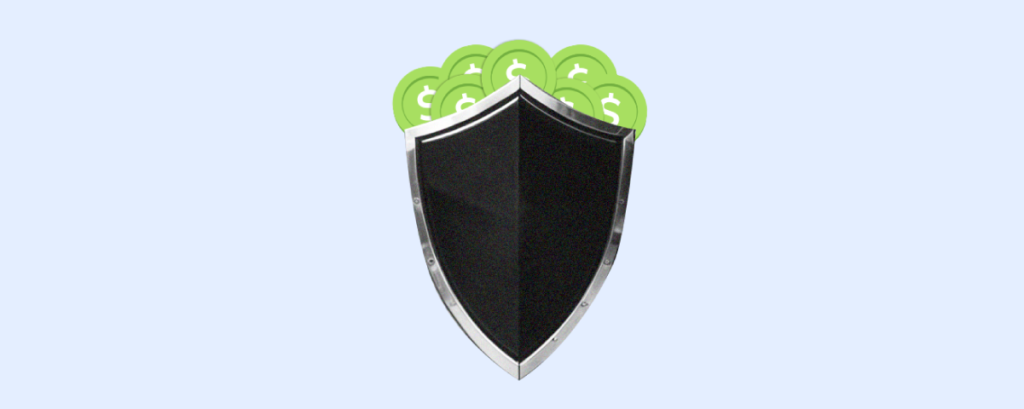 A black metallic shield protecting a stack of green coins communicating the benefits of security of a bank for business. 