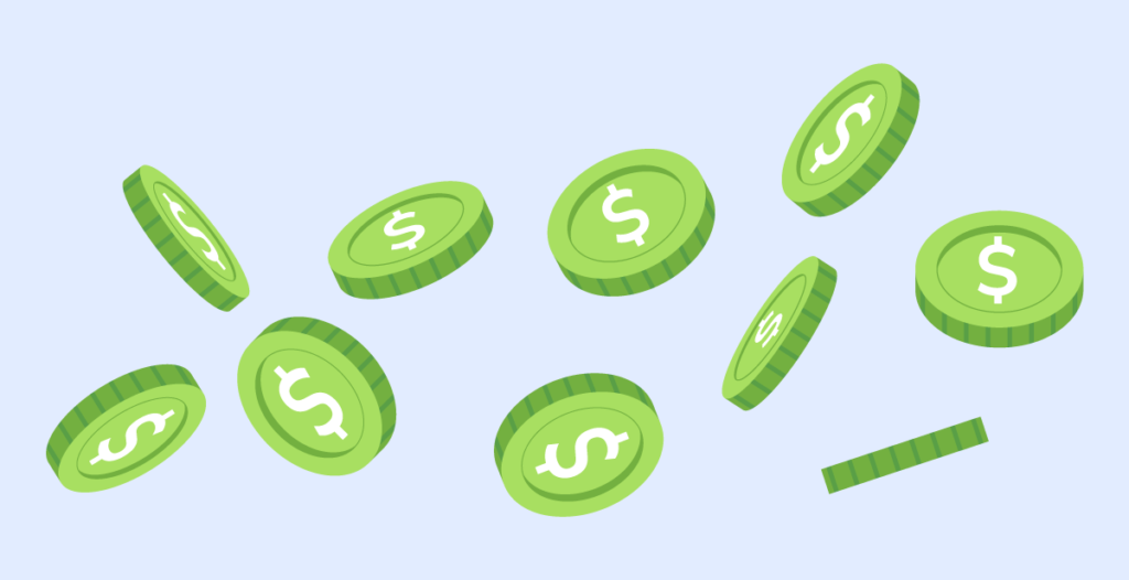 Several green dollar coins in mid-air against a light blue background, symbolizing the dynamic and ever-moving nature of finances in the bank for business sector. 