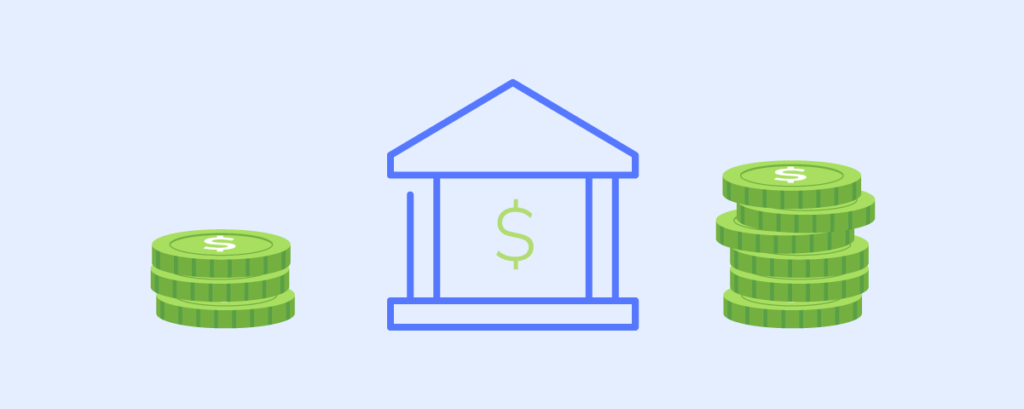 An icon of a traditional bank structure in the center, flanked by two stacks of green dollar coins communicating visually the decisions you have to make on a bank for business strategy. 