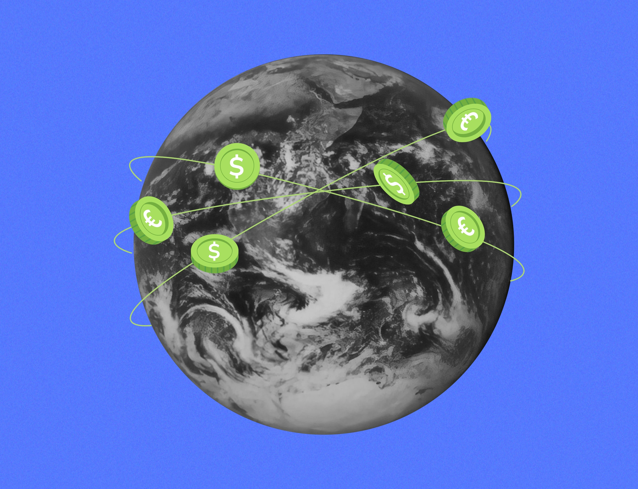 Mundo con monedas en color verde de diferentes divisas