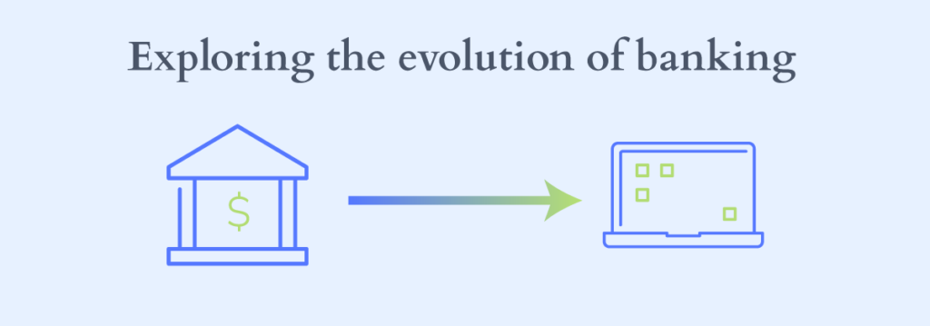 Illustration showing the transition from traditional banking represented by a classical bank building icon with a dollar sign to modern digital online banking depicted by a laptop with a user interface, symbolizing the evolution of banking.