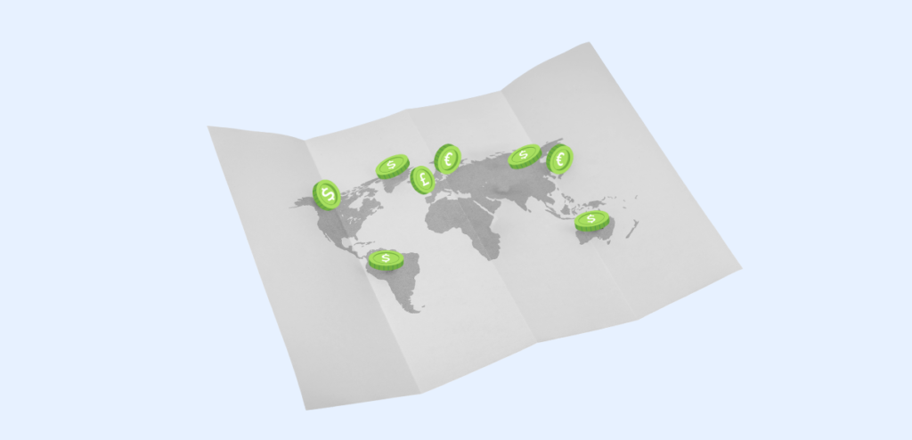 An illustrated map highlighting the global scope of financial transactions, with vibrant green dollar sign icons placed over several continents, symbolizing the widespread distribution and availability of digital online banking services.
