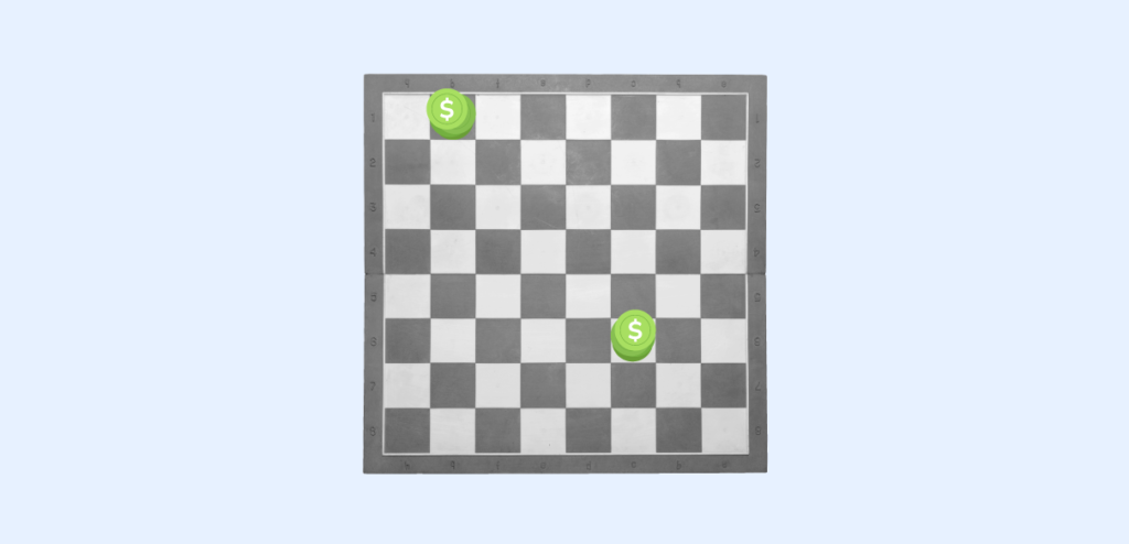 A strategic financial planning concept with green dollar signs on a chessboard layout, indicating careful monetary management and tactical decision-making in digital online banking. 