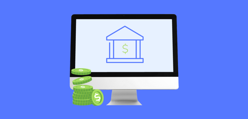 A desktop computer screen displaying a bank building icon, with stacks of green dollar coins alongside, symbolizing digital online banking services and financial transactions.