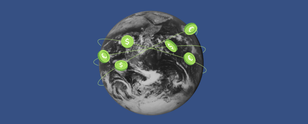 A monochrome image of Earth from space, overlaid with bright green dollar symbols connected by curved lines, illustrating banking connections and international currency flow. 