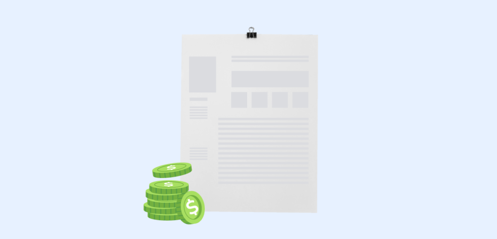 A conceptual image featuring a stack of green dollar coins on the lower right, with a large paper document hanging in the background, symbolizing financial statements or bank account summaries.