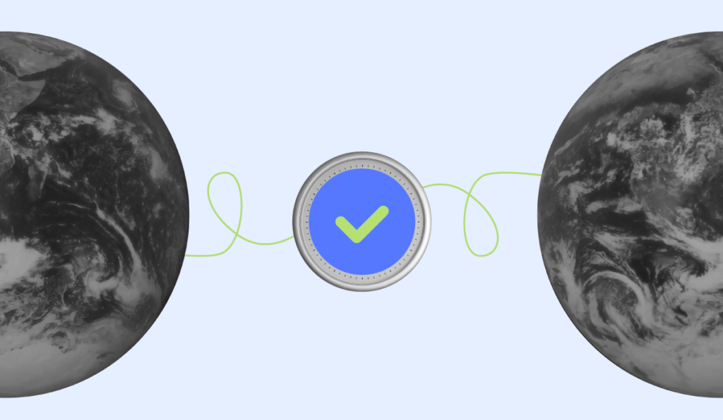 An illustration depicting two globes connected by a green line that loops around a central blue check mark, symbolizing secure and verified global connections or transactions.