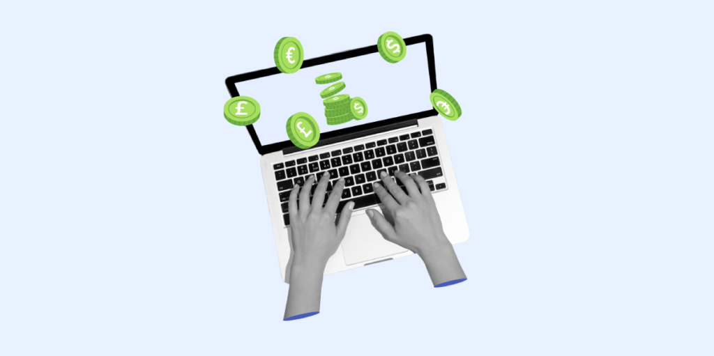 A graphic image depicting a pair of hands typing on a laptop keyboard from which currency symbols are rising, suggesting the idea of earning or sending money internationally through online activities.