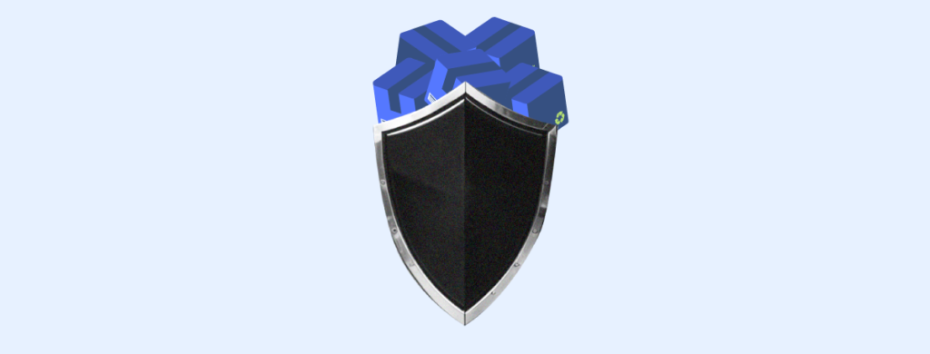 A metallic black shield showing the importance of protecting the health of our supply chain while protecting several blue boxes.