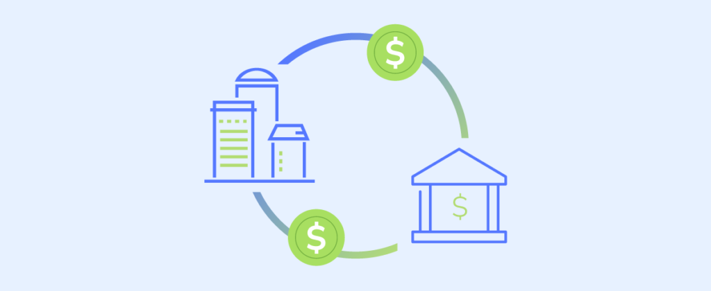A visual representation in icons of a building and a bank with 2 green coins alluding to what is business banking. 