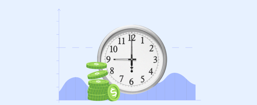 A clock with some green coins infront of it alluding to financial time management. 
