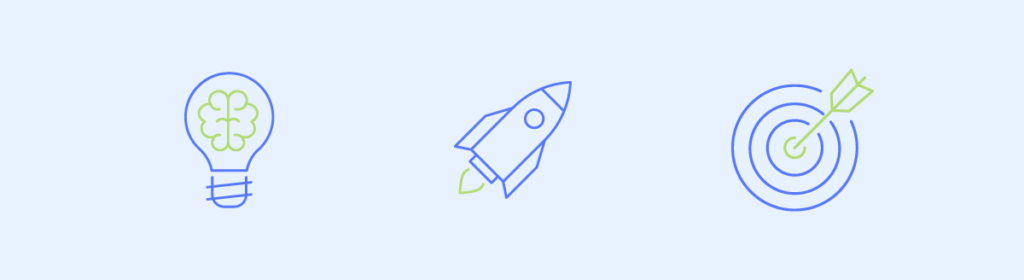 Three blue icons of a brain, a rocket and a target representing streamlined payments, automated tools and scalability. 