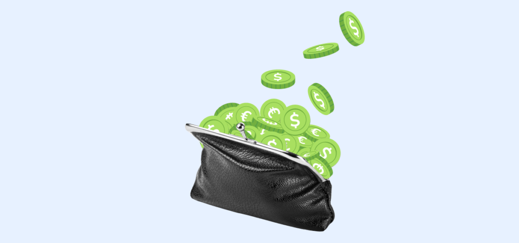 A coin purse full of green coins alluding to your savings of a bank account. 