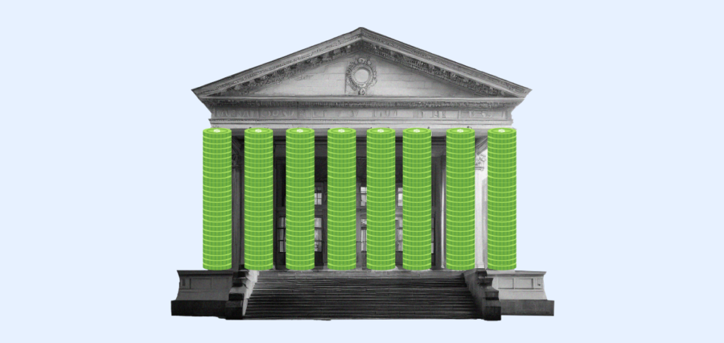 An image of a traditional bank with some green coins alluding as its pillars. 